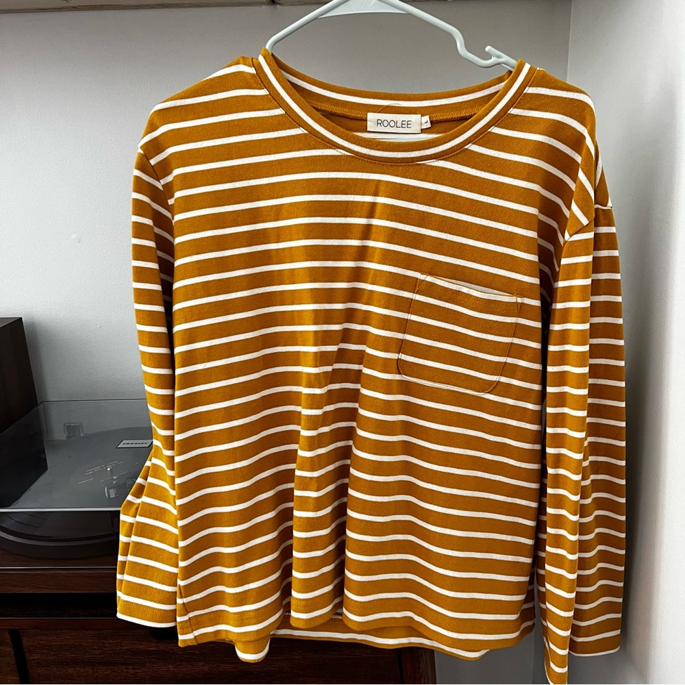 Roolee Mustard Yellow and White Striped Long Sleeve Pocket Tee